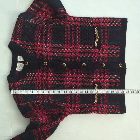 Just for Petites Plaid Chain Link Cardigan Sweater PM Black Red - Picture 15 of 16